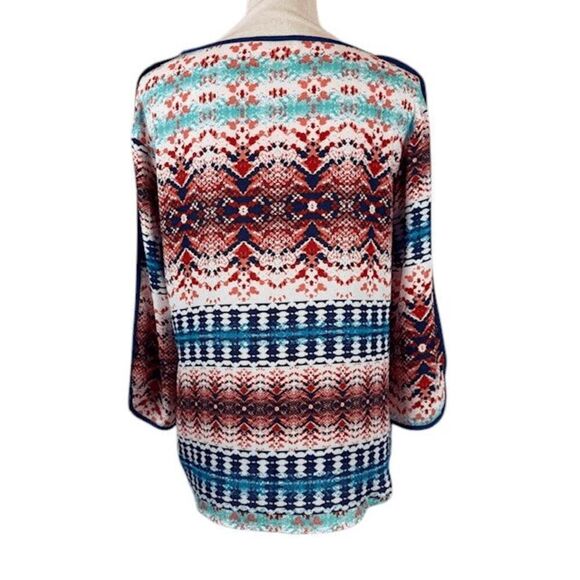 Renee C Boho Aztec Printed Multicolor Tunic Blouse Blue Piping Flowy Size Medium - Picture 2 of 9